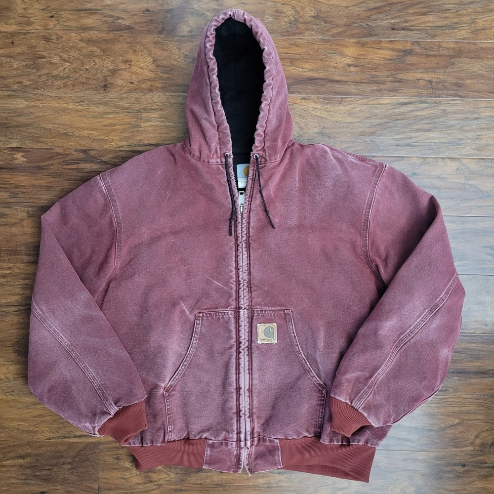Vintage Carhartt 90s Canvas Lined Full‎ Zip Hooded Active Jacket Red Men's XL
